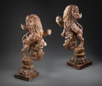 A GOOD PAIR OF ANGLO-INDIAN CARVED WOOD RAMPANT LIONS, MID 19TH CENTURY