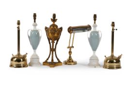 A GROUP OF SIX TABLE LAMPS; INCLUDING A FRENCH GILT METAL ATHENIENNE LAMP