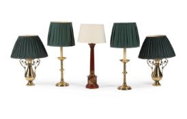 A GROUP OF FIVE MODERN TABLE LAMPS; INLCUDING A PAIR OF ARTS AND CRAFTS STYLE BRASS LAMPS