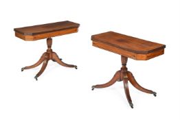 Y A PAIR OF REGENCY MAHOGANY AND EBONY STRUNG CARD TABLES, CIRCA 1820