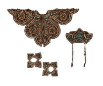 A CEREMONIAL HEADDRESS, COLLAR AND CUFFS, 20TH CENTURY, TRANS HIMALAYAN REGION