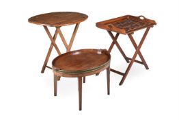 Y A SPECIMEN PARQUETRY TRAY ON LATER STAND, 19TH CENTURY, AND TWO OTHERS