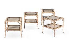 A SET OF FOUR PAINTED AND REVERSE PAINTED GLASS INSET ETAGERE OR OCCASIONAL TABLES, 20TH CENTURY