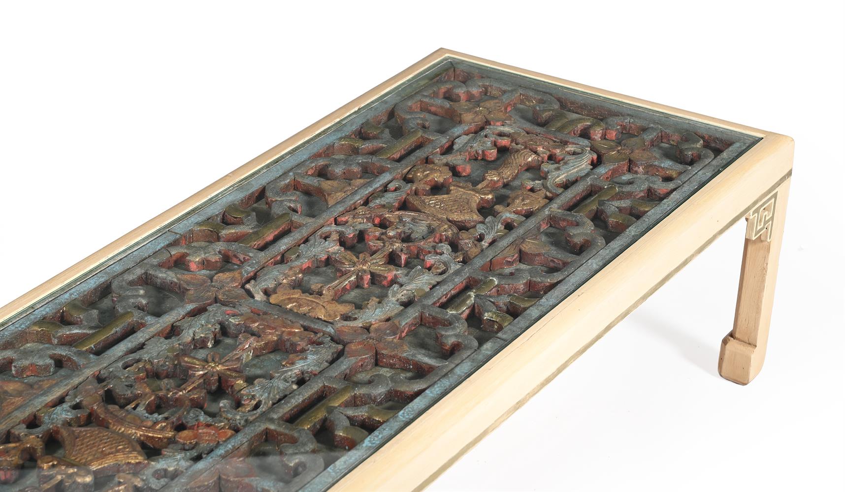 Y TWO PAINTED, GLAZED AND CHINESE PANEL INSET LOW TABLES, AND ANOTHER SIMILAR - Image 5 of 7