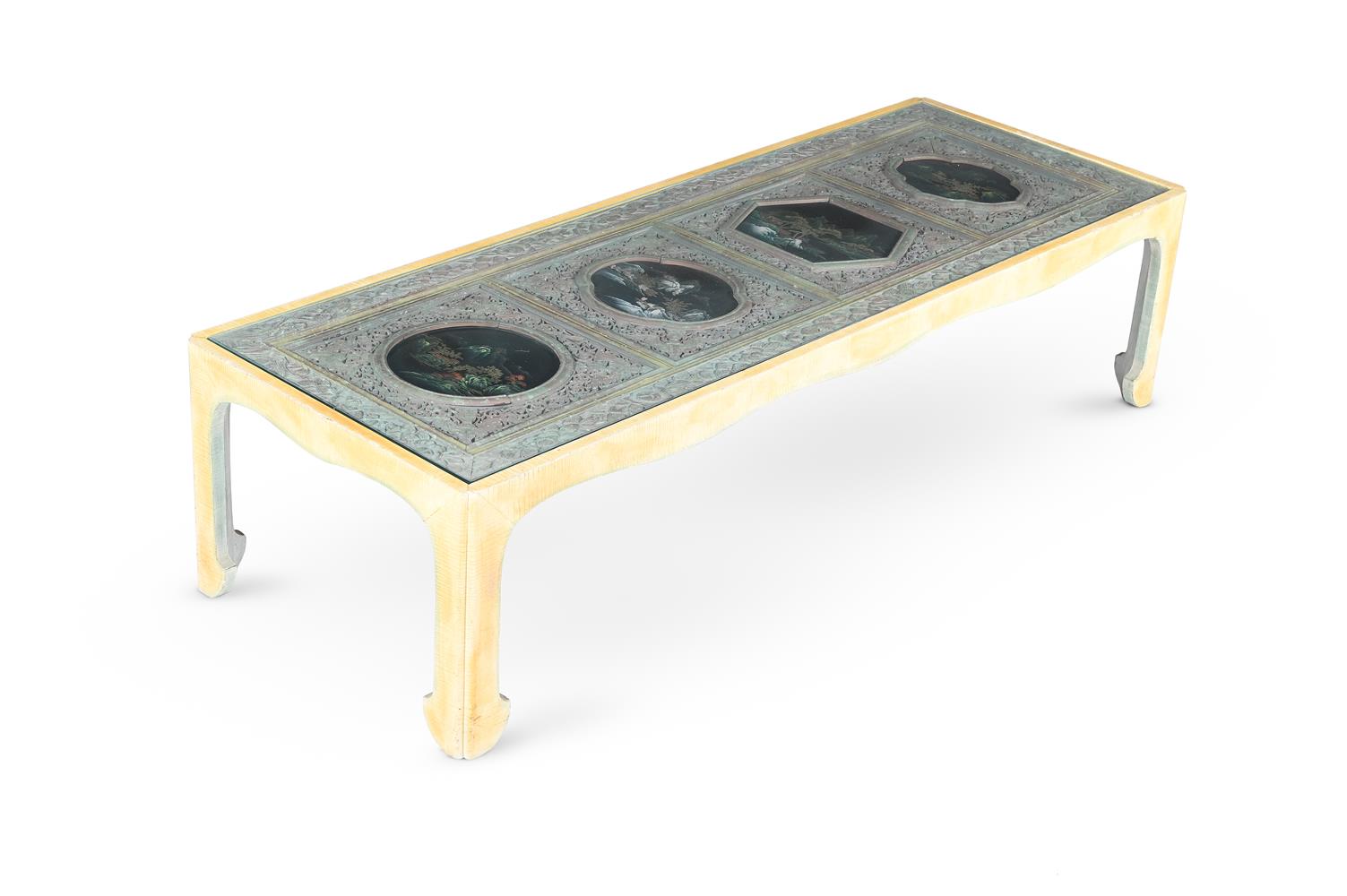 Y TWO PAINTED, GLAZED AND CHINESE PANEL INSET LOW TABLES, AND ANOTHER SIMILAR - Image 2 of 7