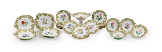 AN ENGLISH PORCELAIN 'ROCOCO REVIVAL' PART DESSERT SERVICEMID 19TH CENTURYPainted with a central f