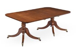 A GEORGE III MAHOGANY TWIN PEDESTAL DINING TABLE, CIRCA 1810, AND SET OF SIX CHAIRS