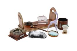DESK ORNAMENTS; INCLUDING A MODERN LALIQUE TAUREAU BULL GLASS PAPERWEIGHT