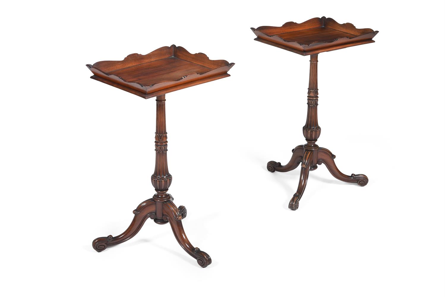 A PAIR OF MAHOGANY TRAY TOP TRIPOD TABLES, IN THE MANNER OF GILLOWS, 20TH CENTURY