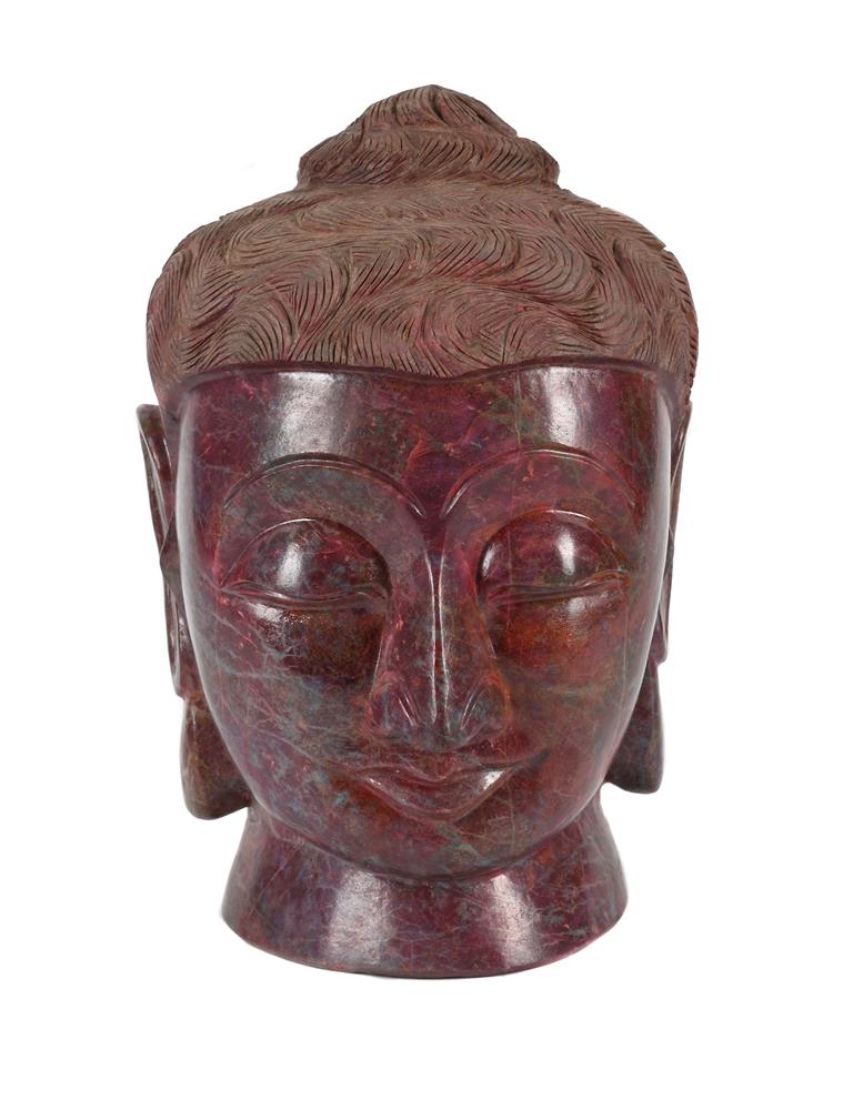 A CHINESE ROSE MARBLE BUDDHA HEAD, 20TH CENTURY