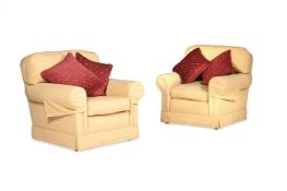 A PAIR OF WESLEY BARRELL UPHOLSTERED ARMCHAIRS, MODERN