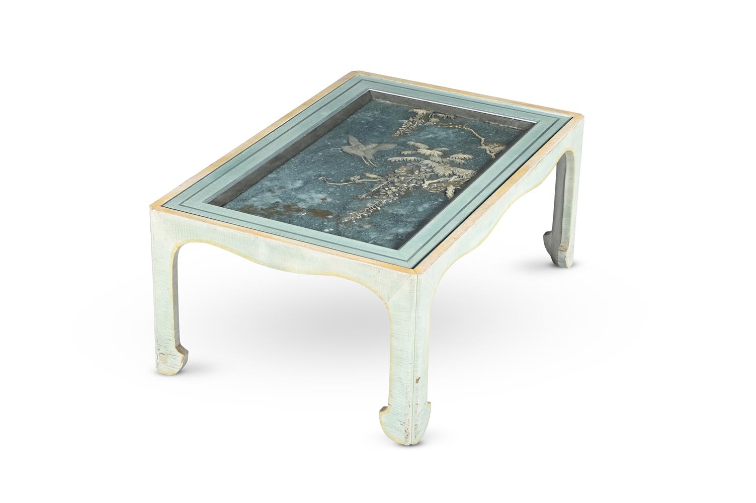 Y TWO PAINTED, GLAZED AND CHINESE PANEL INSET LOW TABLES, AND ANOTHER SIMILAR - Image 4 of 7