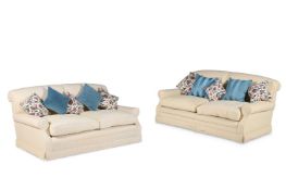 TWO CREAM UPHOLSTERED SOFAS, MODERN