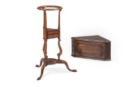 A GEORGE III MAHOGANY HANGING CORNER CABINET & A MAHOGANY WIG OR BOWL STAND