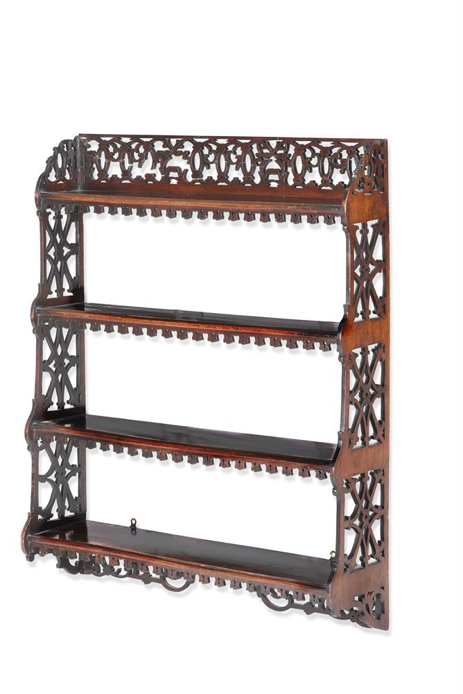A FLIGHT OF MAHOGANY HANGING WALL SHELVES, IN GEORGE III STYLE, 19TH CENTURY