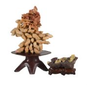 A CHINESE SOAPSTONE CARVING OF PEANUTS AND ROOTS, AND ANOTHER OF A 'SHOU LOU' DEER AND A PINE TREE