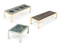 Y TWO PAINTED, GLAZED AND CHINESE PANEL INSET LOW TABLES, AND ANOTHER SIMILAR