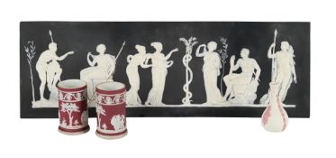 THREE ITEMS OF WEDGWOOD DIP JASPERWARE VARIOUS DATES LATE 19TH CENTURY Comprising a black dip jasp