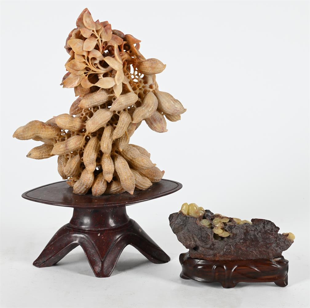 A CHINESE SOAPSTONE CARVING OF PEANUTS AND ROOTS, AND ANOTHER OF A 'SHOU LOU' DEER AND A PINE TREE - Image 2 of 4