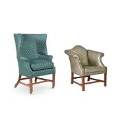 A GEORGE III UPHOLSTERED MAHOGANY WING ARMCHAIR, CIRCA 1780 AND ANOTHER ARMCHAIR