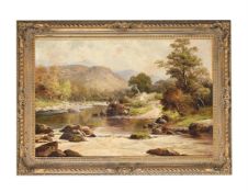 WILLIAM HENRY MANDER (BRITISH 1850-1922), FIGURES BY A STREAM IN A MOUNTAINOUS LANDSCAPE