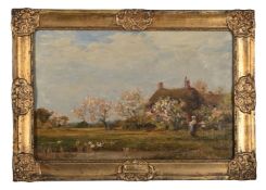 JAMES AUMONIER (BRITISH 1832-1911), A COTTAGE IN A SPRING LANDSCAPE