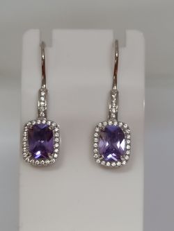 SILVER HOOK EARRINGS CUBIC ZIRCONIA & PURPLE STONE