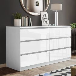 SLEEK DESIGN WHITE 6 DRAWER HIGH GLOSS CHEST / SIDEBOARD / CABINET HANDLELESS