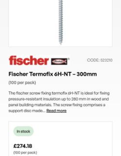 6 BOXES FISCHER THERMOFIX 6 H-NT 300MM 100 IN BOX INSULATION
