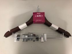 1 PALLET OF 1750 X WOODEN SECURITY COATHANGERS DARK WOOD WITH METAL BAR & SKIRT CLIPS