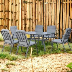 1 X BRAND NEW 7 PCS GARDEN DINING SET, GLASS TABLE W/ UMBRELLA HOLE & CUSHION, GREY