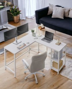 FREE DELIVERY - BRAND NEW COMPUTER DESK L-SHAPED DESK GAMING DESK 2 STORAGE SHELVES MAPLE WHITE