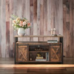 FREE DELIVERY - BRAND NEW TV STAND TV CABINET WITH SLIDING BARN DOORS RUSTIC BROWN AND BLACK