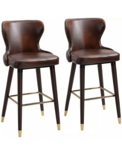 LUXURY SOLID BAR STOOLS SET OF 2 WITH BACK, PU LEATHER UPHOLSTERY, BROWN