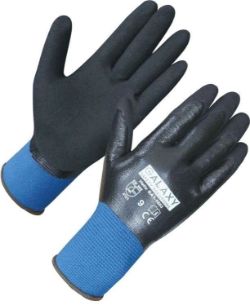 729 X PAIRS OF NYLON + SPANDEX LINER, SMOOTH AND SANDY NITRILE, FULL COATING GLOVES (SIZE 7,8,11)