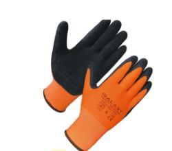 81 X PAIRS OF ORANGE POLYESTER, BLACK CRINKLED LATEX PALM COATING A GLOVES ( SIZE 7,8)