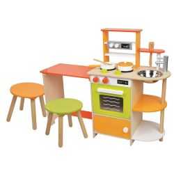 LELIN WOODEN CHILDRENS 2 IN 1 KITCHEN COOKING AND DINING ROOM WITH POTS & PANS