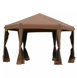 FREE DELIVERY - BRAND NEW 3.2M POP UP GAZEBO HEXAGONAL CANOPY TENT OUTDOOR W/SIDEWALLS BROWN