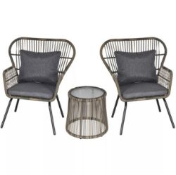 FREE DELIVERY - BRAND NEW 3 PCS WEBBED PE RATTAN OUTDOOR PATIO SET W/ CUSHIONS STEEL FRAME GREY