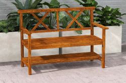 FREE DELIVERY - BRAND NEW 2-SEATER GARDEN BENCH WOODEN OUTDOOR BENCH W/ STORAGE SHELF CARBONIZED