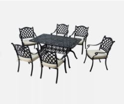 FREE DELIVERY - BRAND NEW 7-PC CAST ALUMINIUM PATIO DINING SET W/ UMBRELLA HOLE & CUSHION, BLACK