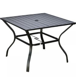 FREE DELIVERY - BRAND NEW GARDEN TABLE WITH PARASOL HOLE FOR FOUR, SLATTED METAL PLATE TOP BLACK