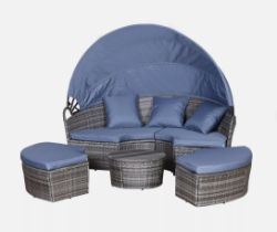 FREE DELIVERY - BRAND NEW 4 PCS CUSHIONED OUTDOOR PLASTIC RATTAN ROUND SOFA BED TABLE SET GREY