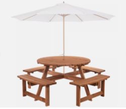 FREE DELIVERY - BRAND NEW 8 SEAT GARDEN OUTDOOR WOODEN ROUND PICNIC TABLE BENCH W/ PARASOL HOLD