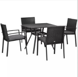 FREE DELIVERY - BRAND NEW 4 SEATER RATTAN GARDEN DINING SET OUTDOOR W/ UMBRELLA HOLE - BLACK