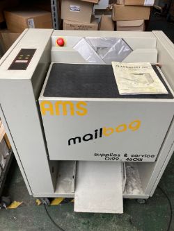 AMS PLASTICERT MAILBAG HAND FED POLYWRAP MACHINE FOR MAGAZINES AND MAILINGS