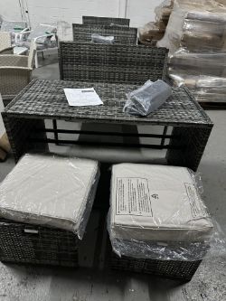GARDEN RATTAN SET TABLE, 2 STOOLS, BENCH AND COVER - BRAND NEW IN BOX