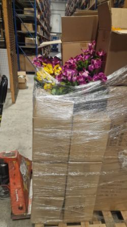 1 PALLET OF NEW ARTIFICIAL FLOWERS/RIBBONS IN POT IN VARIOUS COLORS