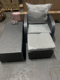 RATTAN GARDEN CHAIR TABLE AND FOOT STALL