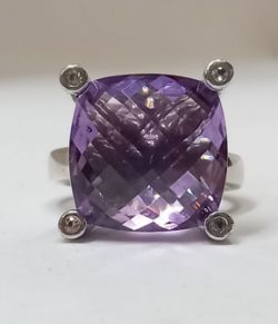 LARGE AMETHYST & DIAMOND SILVER RING+GIFT BOX